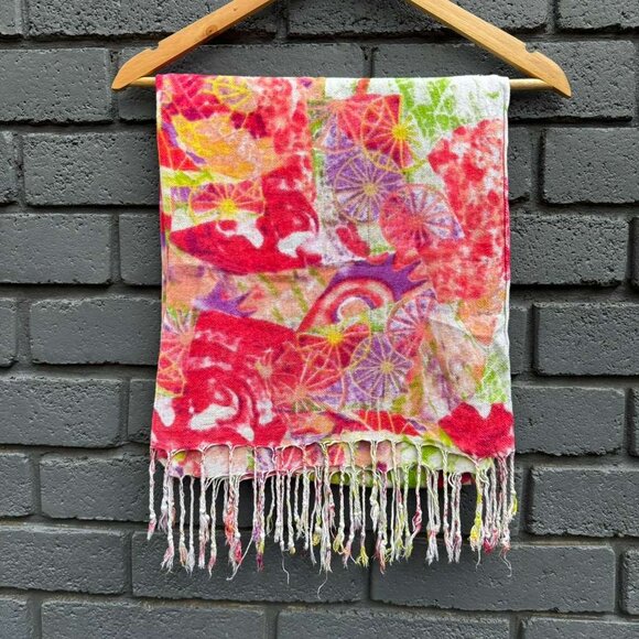 Scarf Multicolor Abstract Art Shawl Wrap 4'' Fringe 60" Green Red Pink Boho - Picture 2 of 8